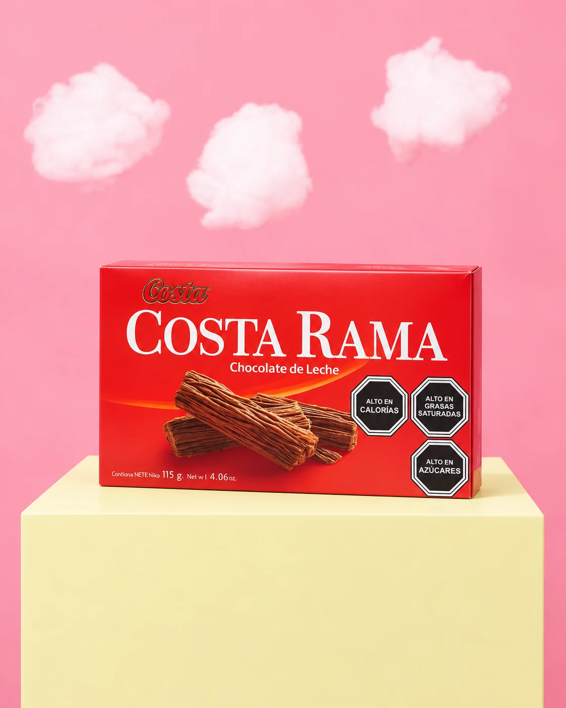 Caja roja de chocolate Costa Rama sobre una base clara