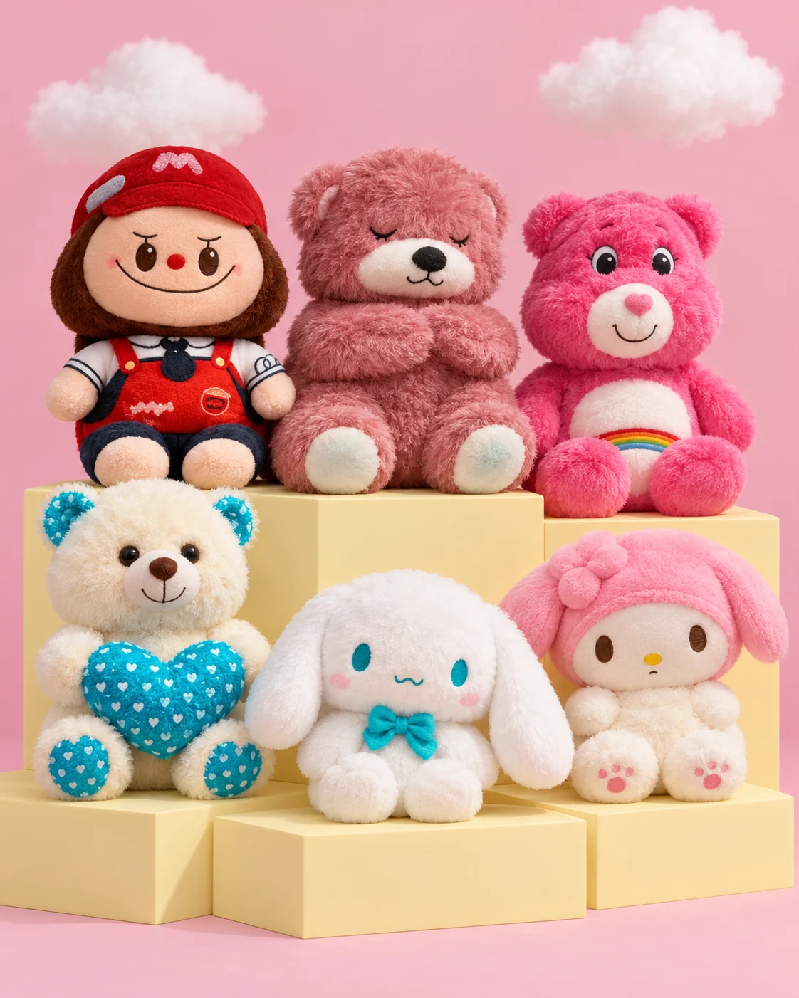 Seis peluches de distintos personajes y colores sobre bases claras