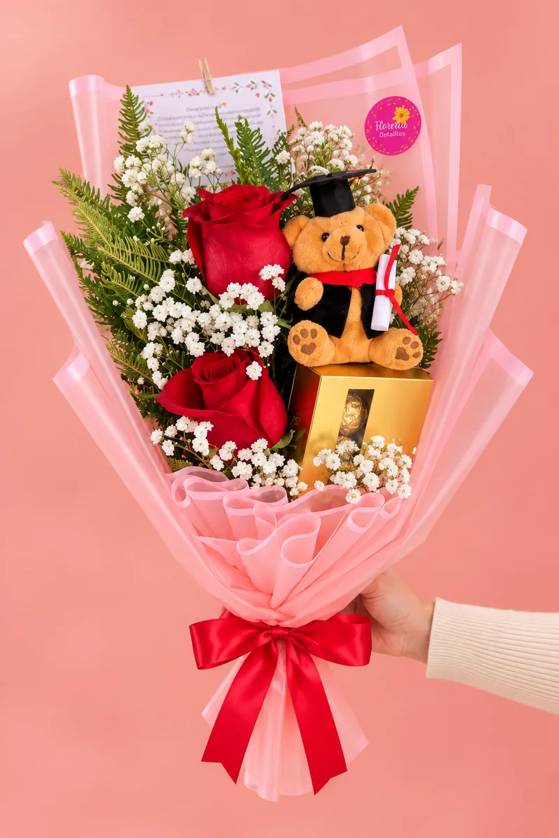 Ramo rosado con peluche de graduación