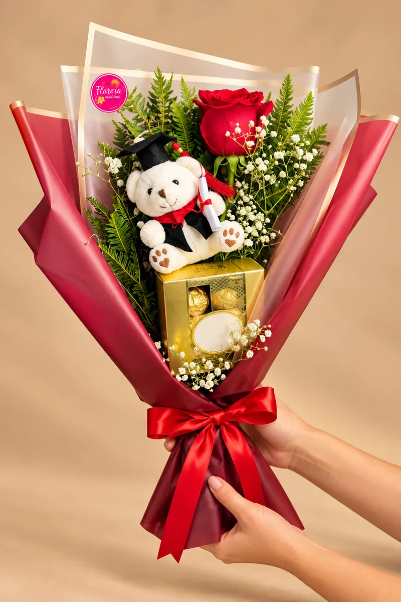 Ramo con rosa roja y peluche graduado