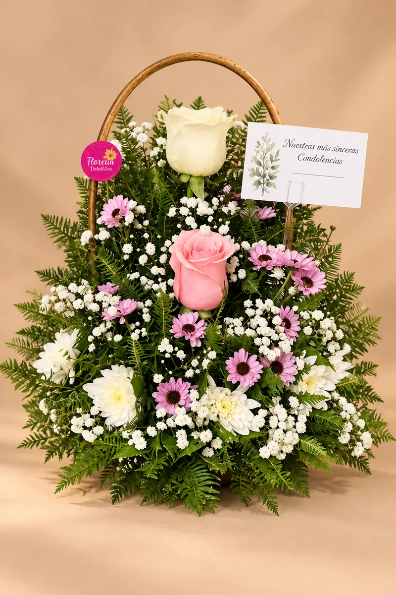 Canasta de flores blancas y rosadas