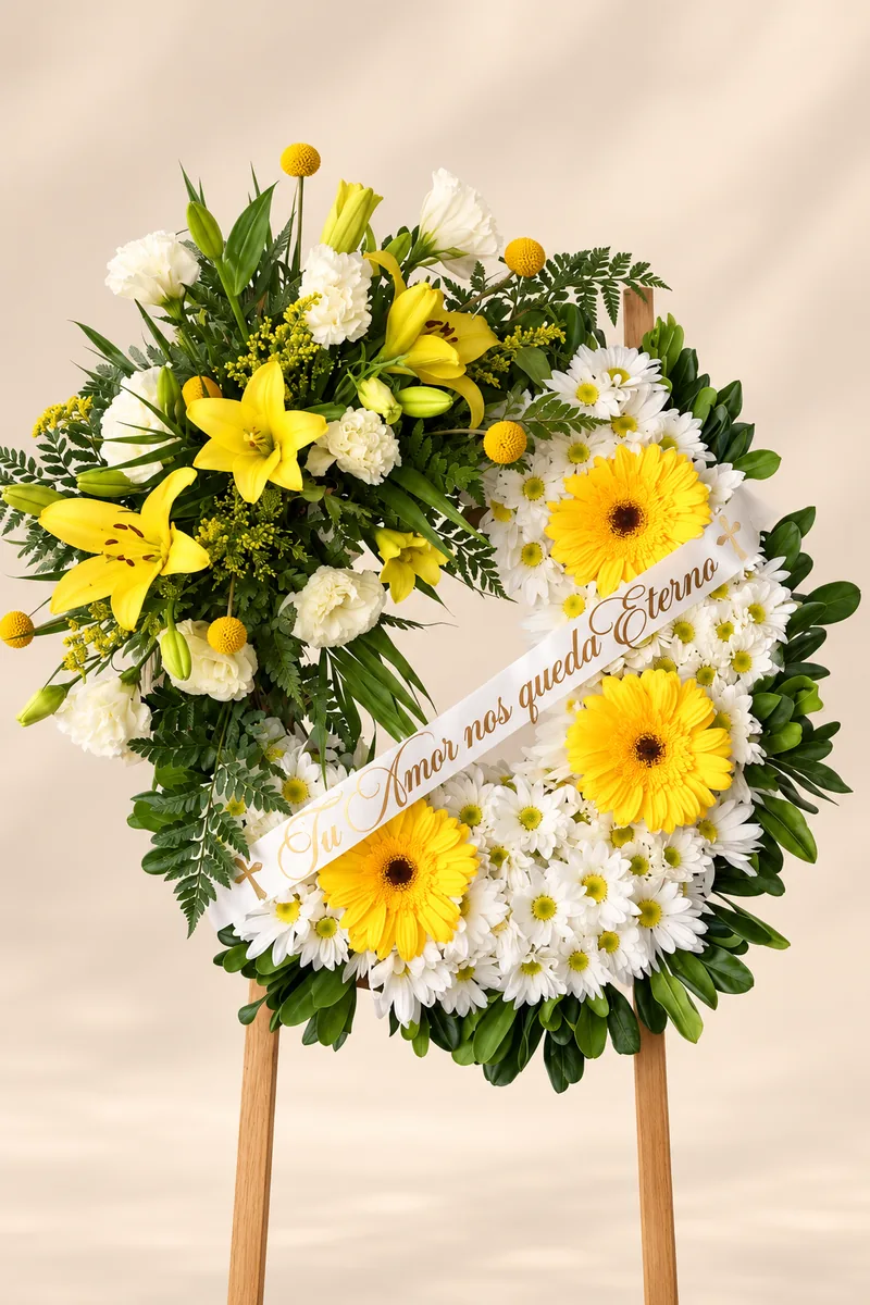 Corona de flores blancas y amarillas