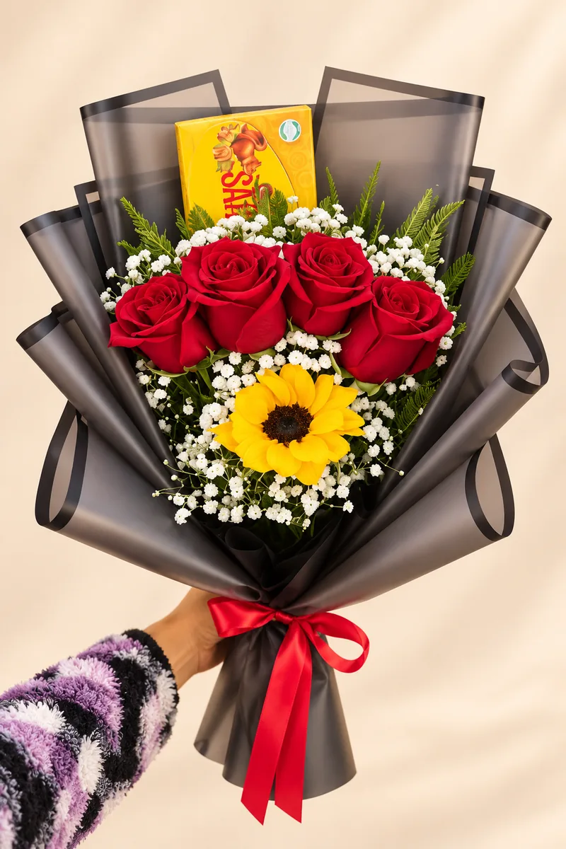 Ramo de rosas, girasol y chocolate