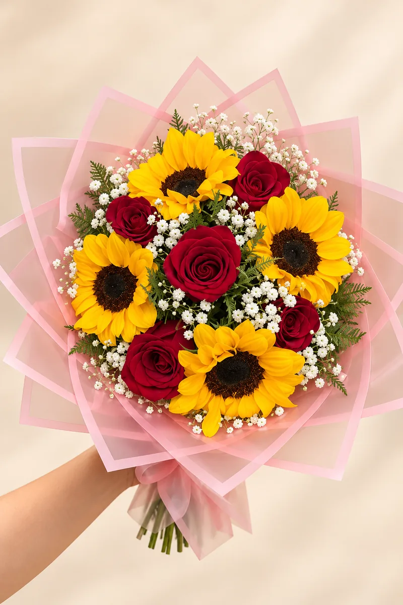 Ramo de girasoles y rosas