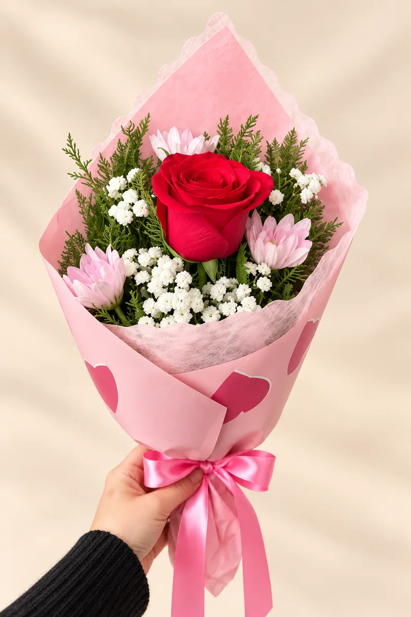Ramo rosado con rosa roja
