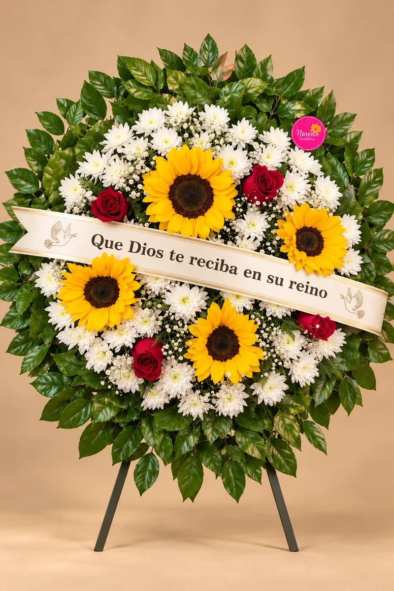 Corona floral blanca con girasoles