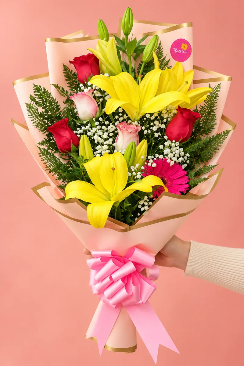 Ramo de lilium amarillo con rosas