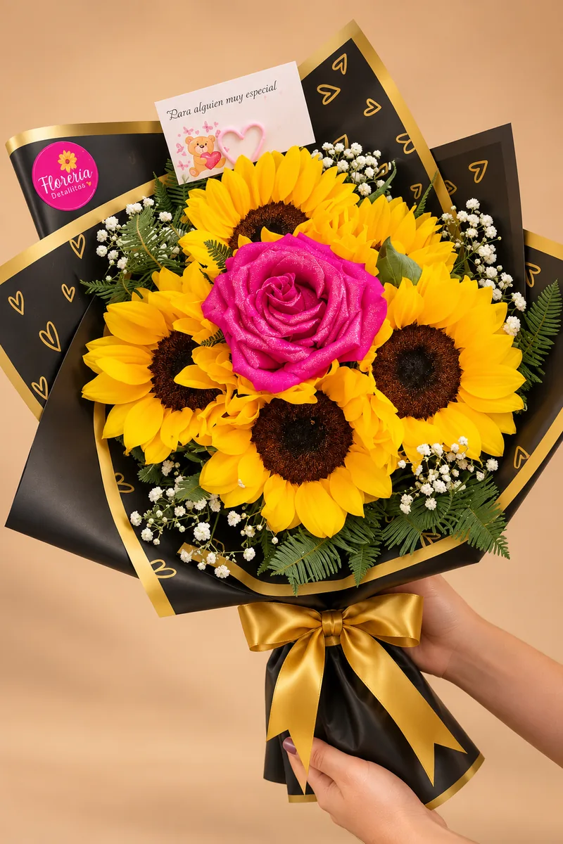 Ramo de girasoles con rosa fucsia