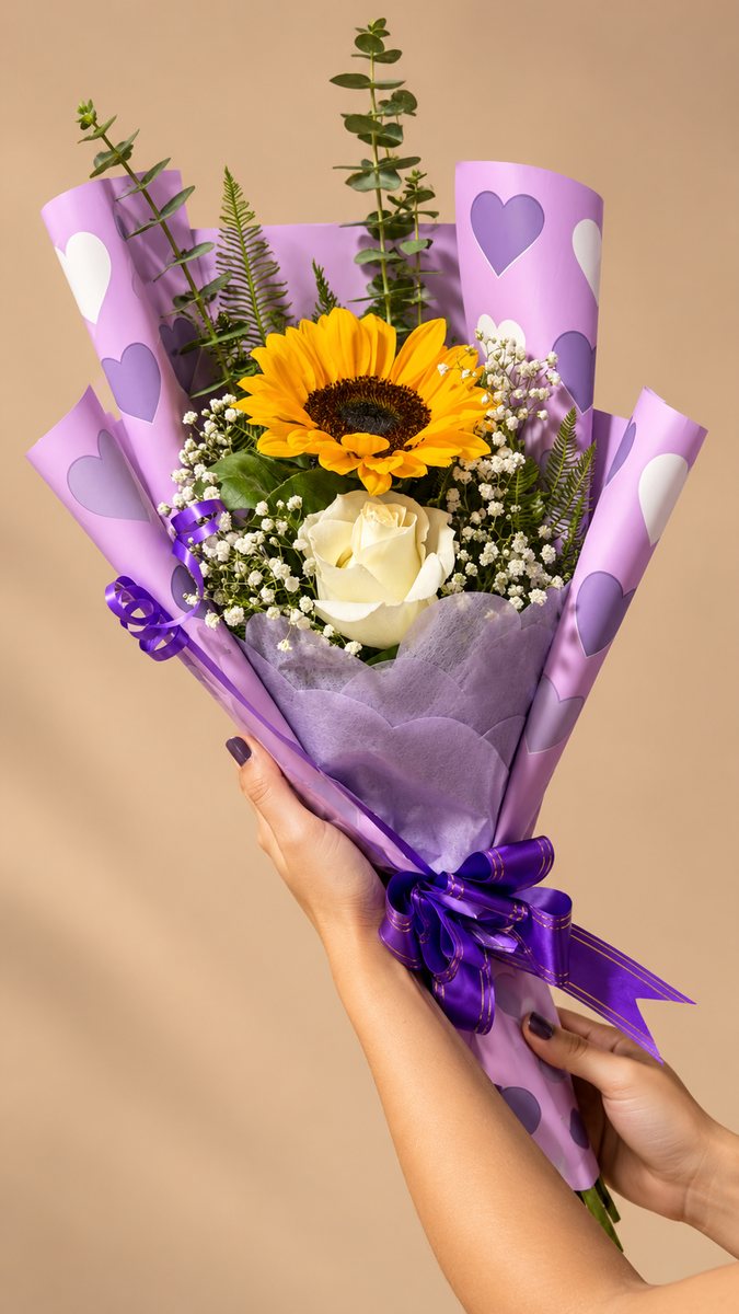 Girasol con rosa blanca y flores lilas