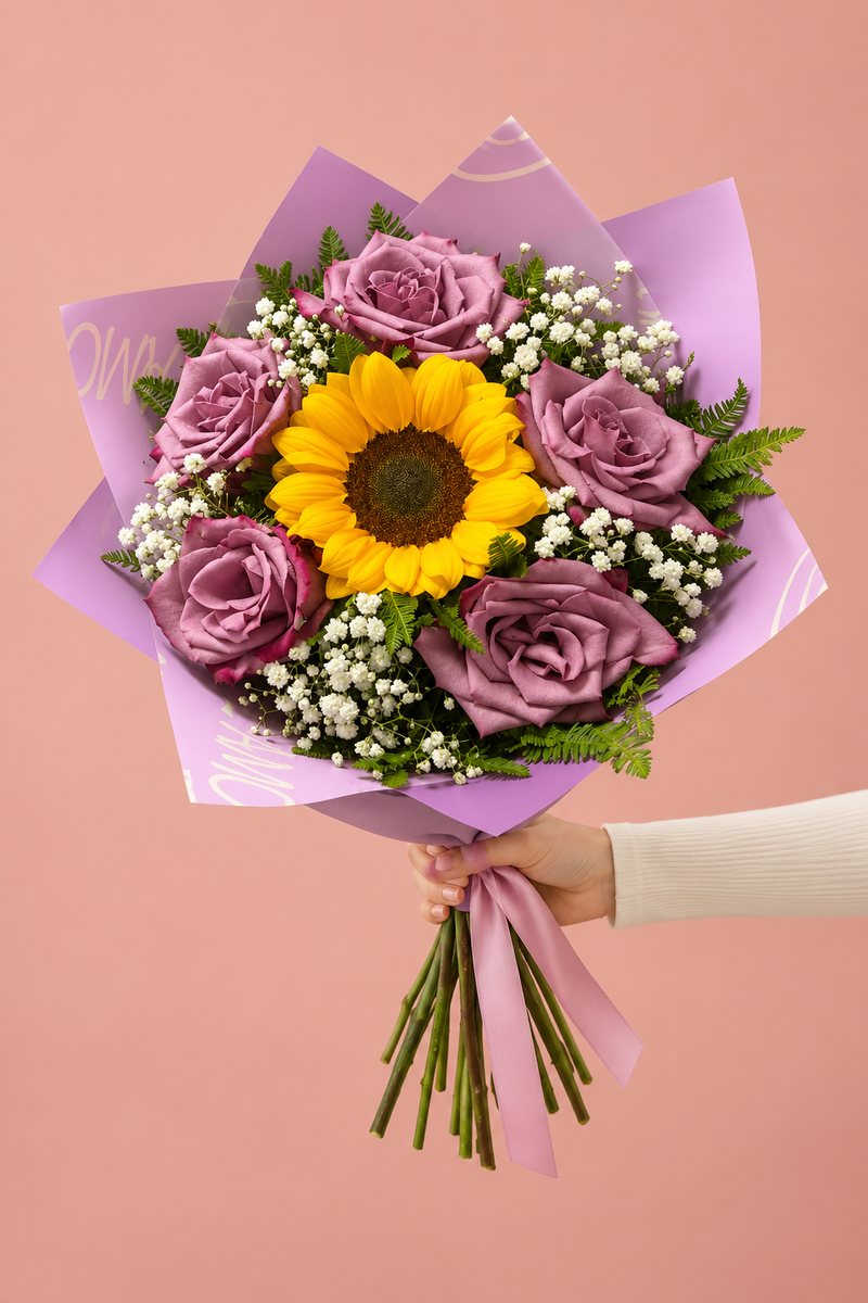 Girasol con rosas lilas