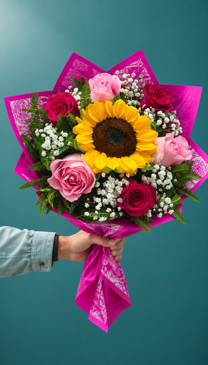 Girasol con rosas rosadas y fucsias