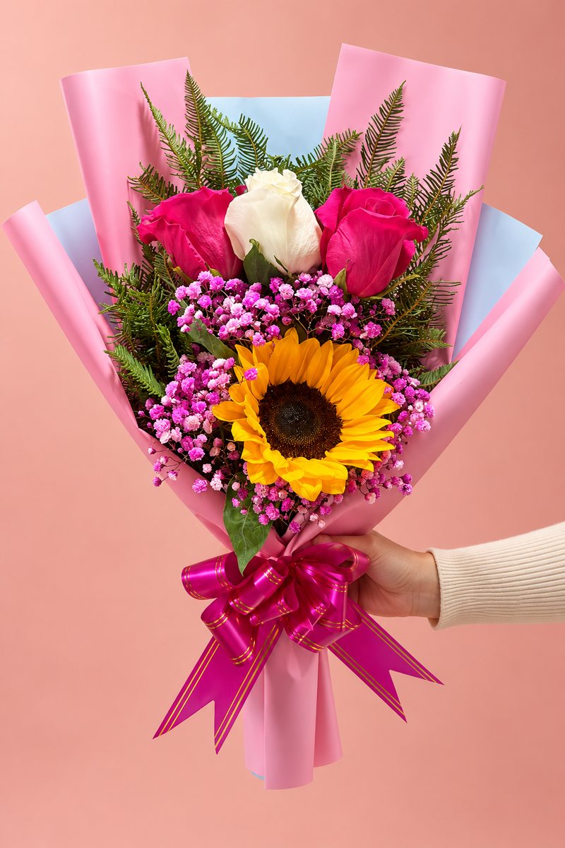 Girasol con tres rosas y flores pequeñas