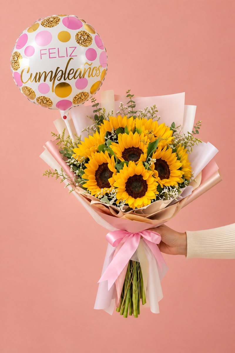 Ramo de girasoles con globo de cumpleaños