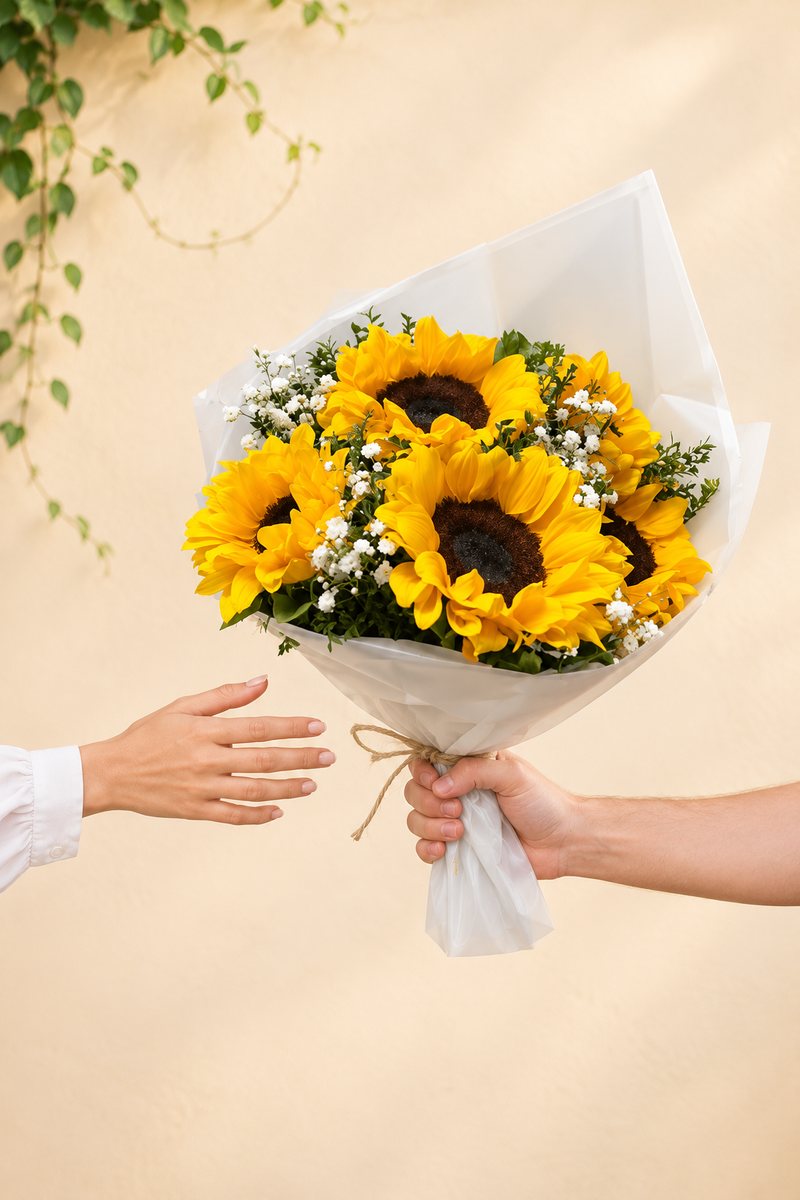 Ramo de girasoles en papel blanco