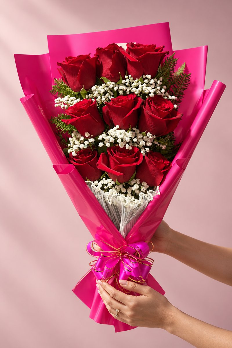 Ramo de nueve rosas fucsias