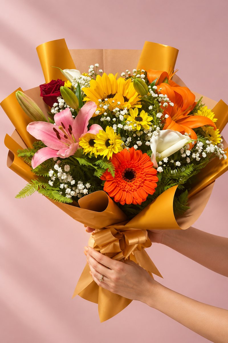 Ramo mixto de flores en tonos cálidos