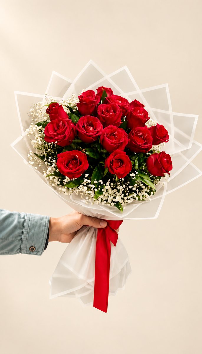 Ramo de rosas rojas y marfil