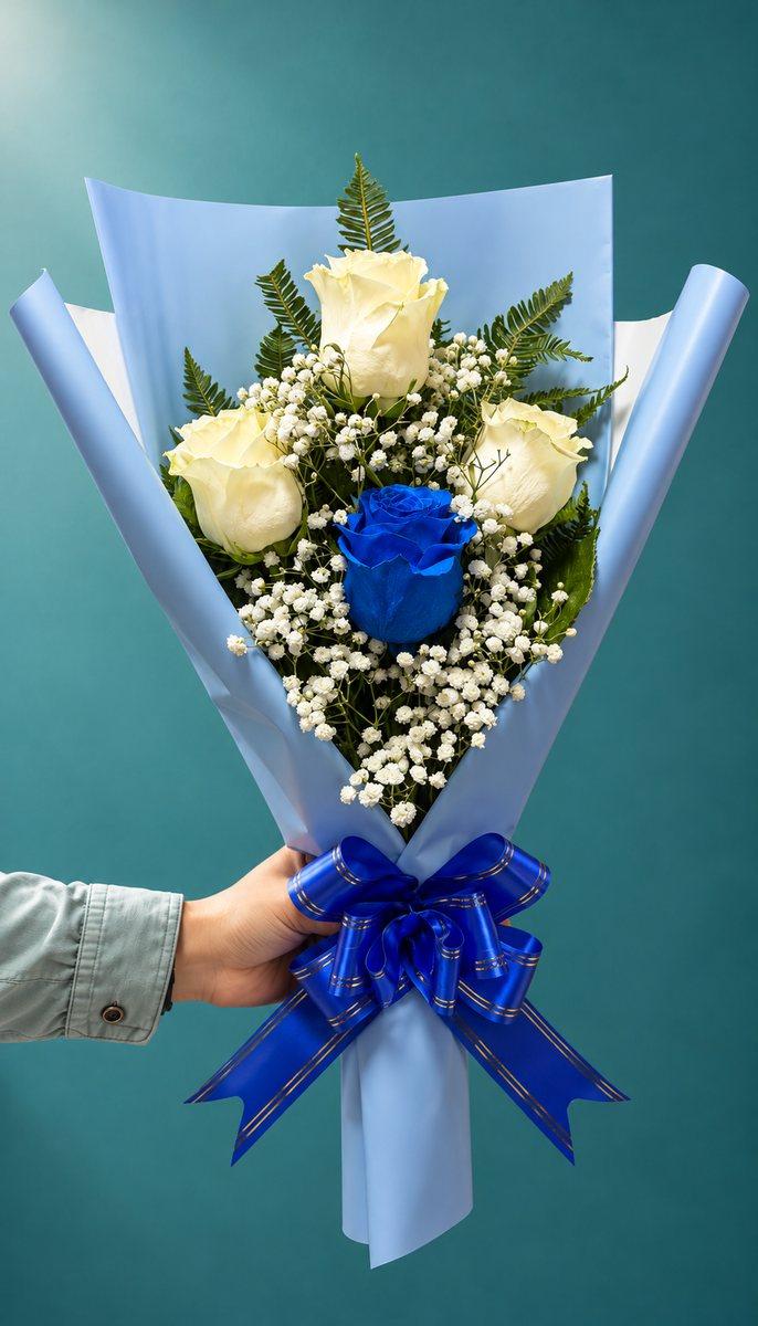 Tres rosas blancas y una azul